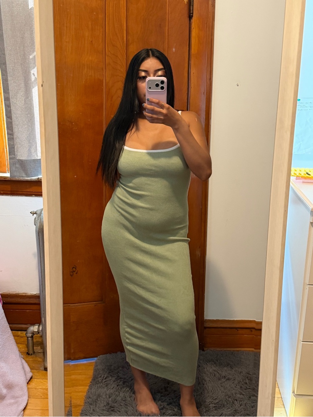 Strapless Olive Green Maxi Dress with White Trim